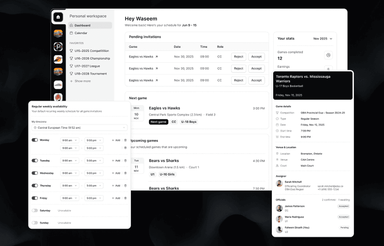 EDGE official workspace with game invitations, weekly availability and game details