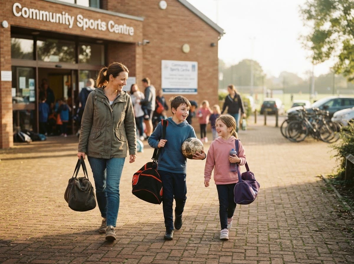 A parent and two children arriving at a game with their kit bags